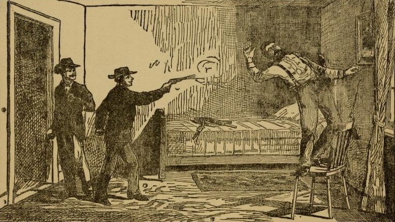 An etching of the murder of Jesse James