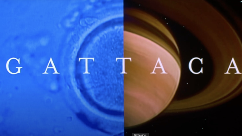 Gattaca title card split image of embryo cells and Saturn