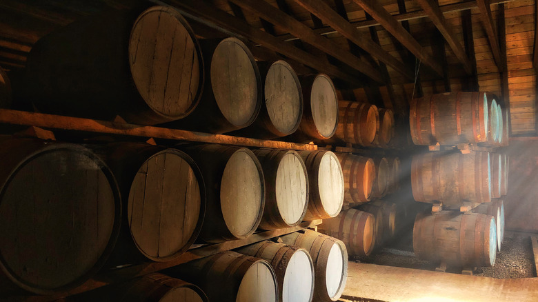 barrels in distillery