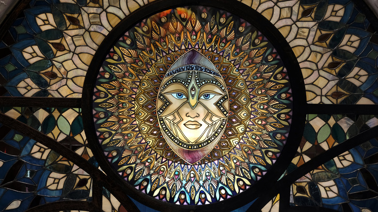Tiffany glass mosaic in the interior of the "Temples of Humankind" built by Damanhur community, on March 1, 2019 in Baldissero Canavese, Italy