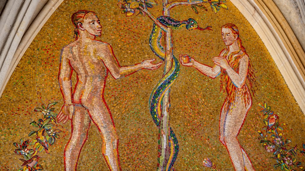 A tile depiction of Adam, Eve, and the serpent in the Garden of Eden