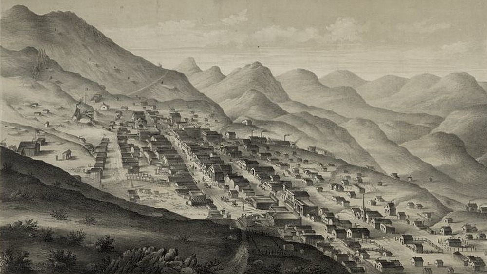 aerial illustration of Virginia City, Nevada circa 1861