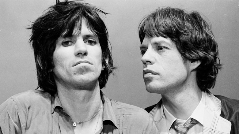 Black and white photo of Keith Richards and Mick Jagger