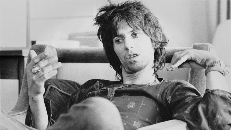 Black and white photo of Keith Richards appearing dazed