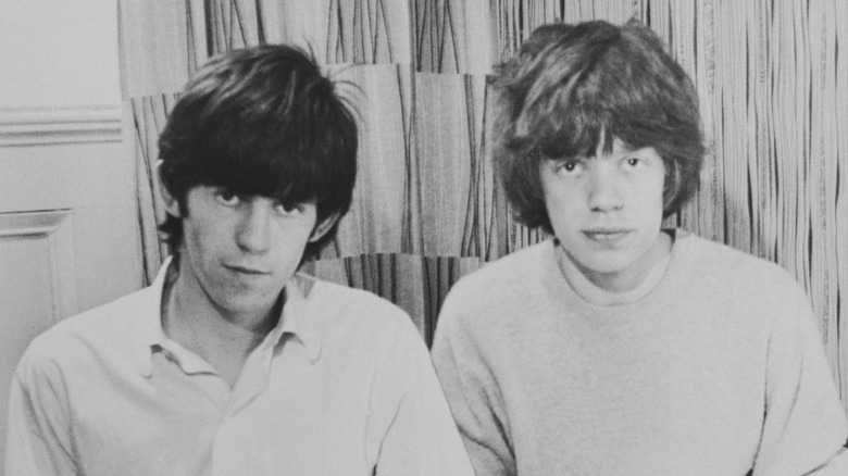 Vintage black and white photo of Keith Richards and Mick Jagger