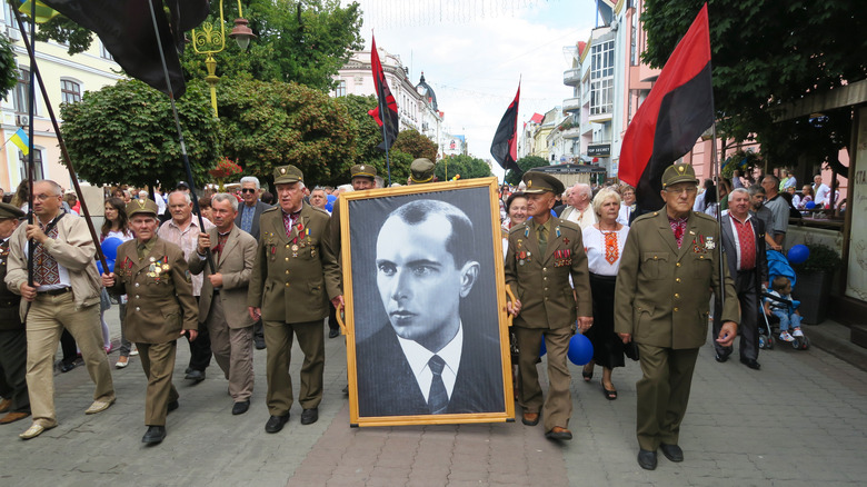 Ukrainians marching in street
