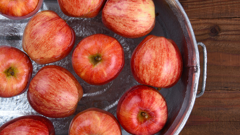 Apples in large metal container of water