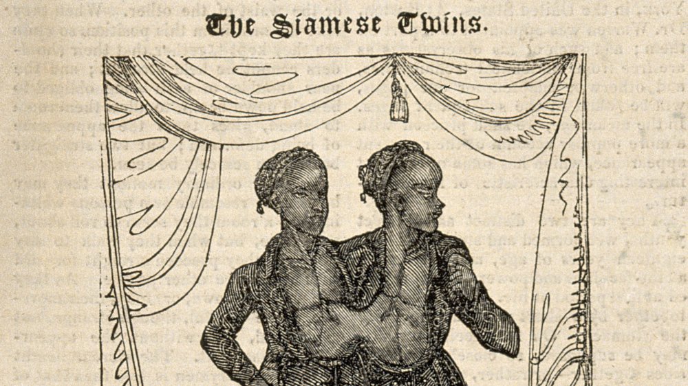 Chang and Eng, the Siamese twins. Wood engraving, 1829. Description	