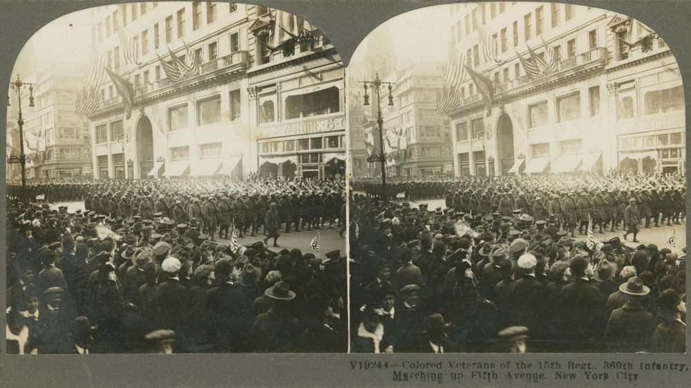 The 369th Infantry lined up on 5th avenue as part of the homecoming parade in 1919