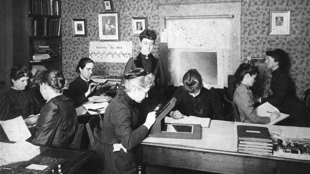 Harvard women looking at plates