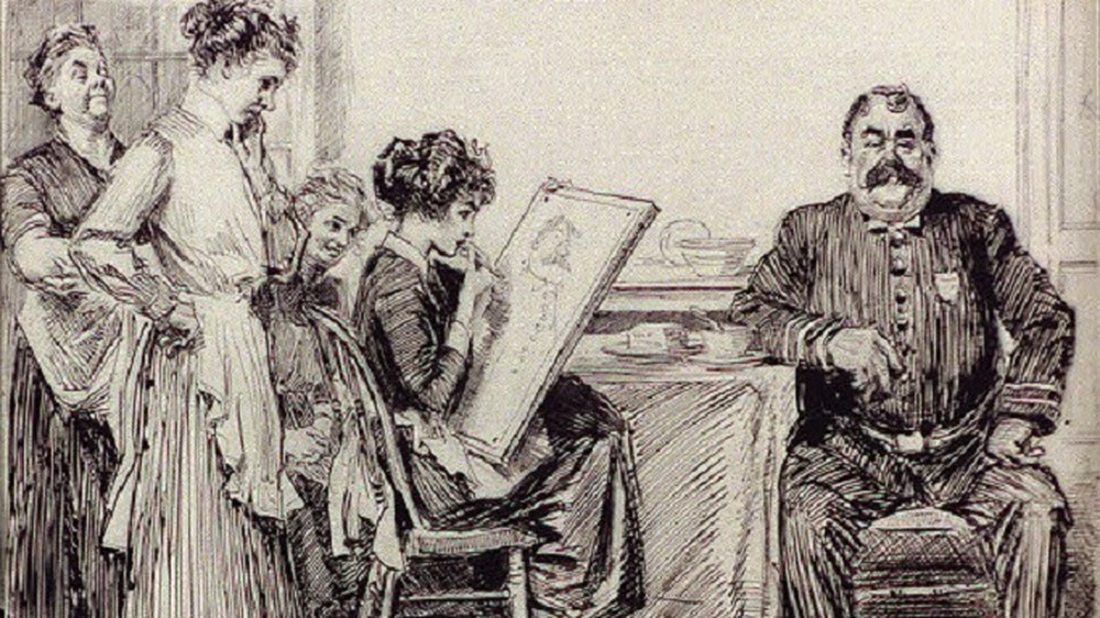 Woman sketching a policeman