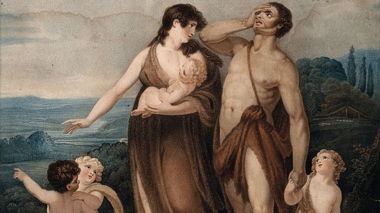 A couple in animal skins journeying with three children after the expulsion