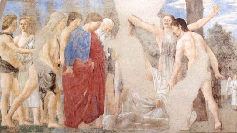 Painting of the death and burial of Adam with people lamenting