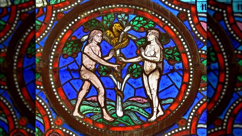 Stained glass window of Adam and Eve in Catedral de Saint-Julien
