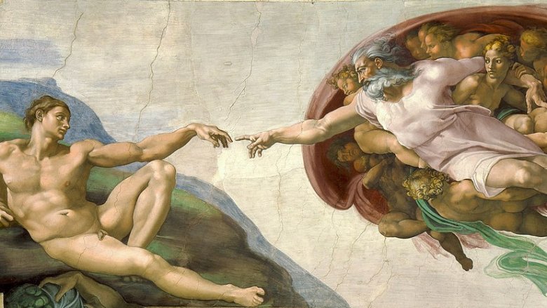 Michelangelo's Creation of Adam fresco with Adam reaching to God