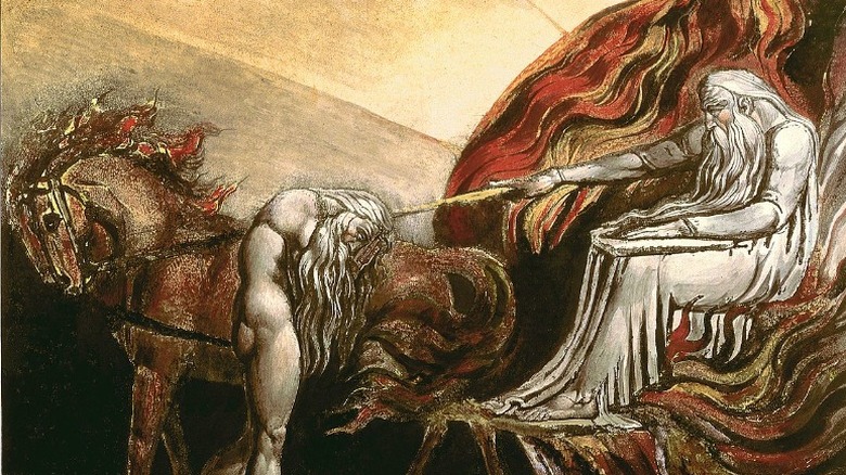 God on flaming chariot and horse pointing at Adam looking down