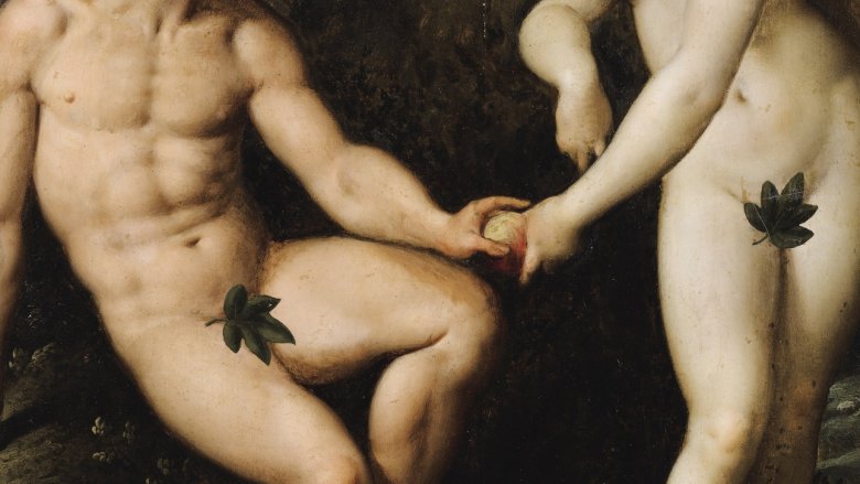 Torso view of adam and eve sharing an apple