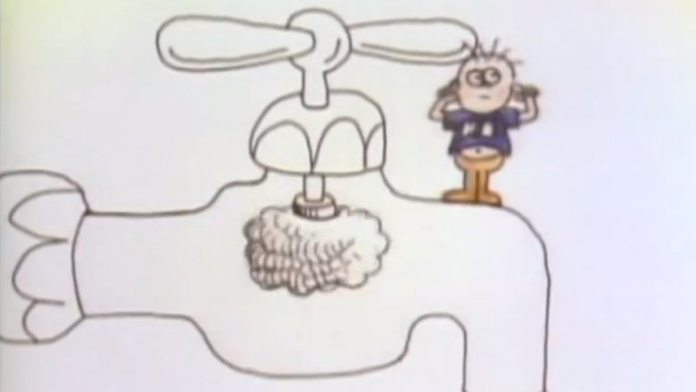 Sesame Street animation of small boy standing on giant faucet