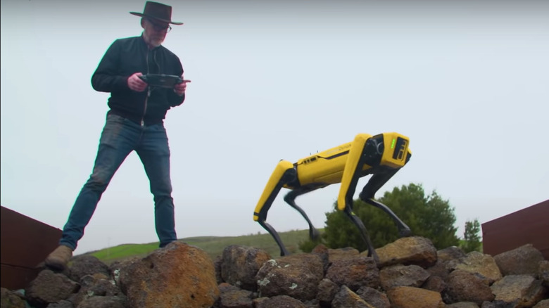Adam Savage standing on rocks in hat with controller beside yellow robot dog