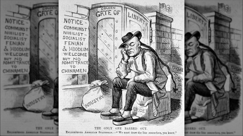 Editorial cartoon showing a Chinese man, surrounded by luggage labeled "Industry", "Order", "Sobriety", and "Peace", being excluded from entry to the "Golden Gate of Liberty". 