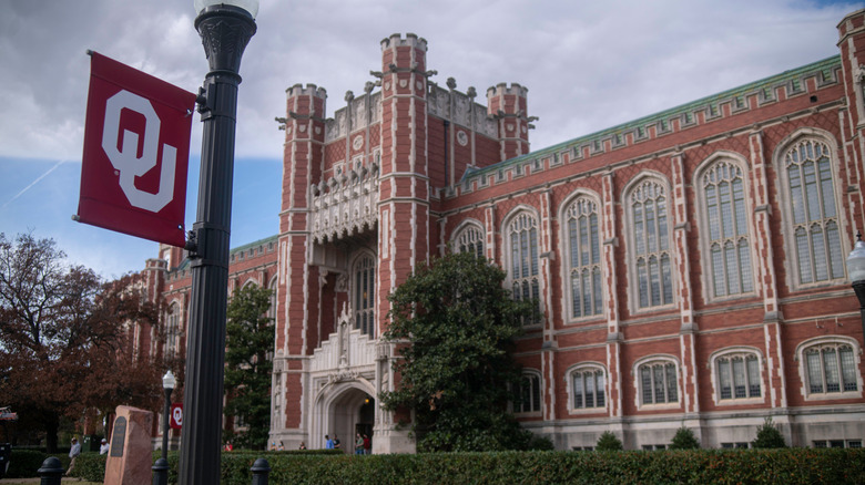 The school banner hung before the University of Oklahoma