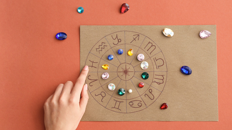 horoscope with birthstones and female hand on color background