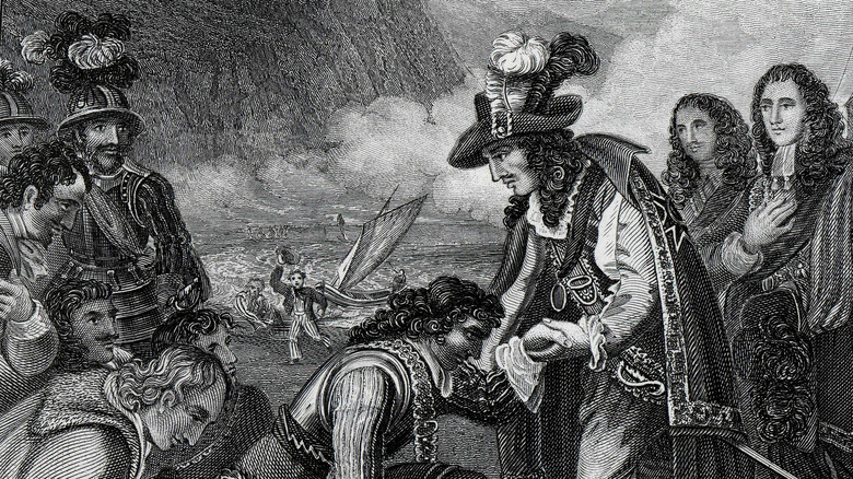 etching of subjects bowing to Charles II