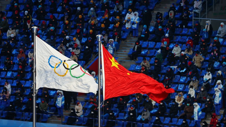 Olympic and Chinese flags