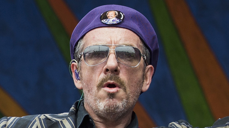 Elvis Costello on stage purple hat