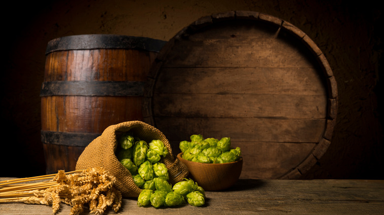 Beer barrels and hops