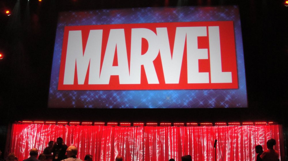 A photograph of a Marvel panel at Comic-Con.