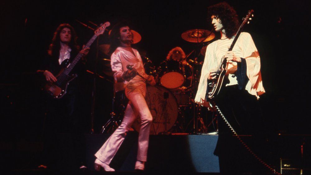 Queen on stage in 1974: (L to R) John Deacon, Freddie Mercury, Roger Taylor, Brian May