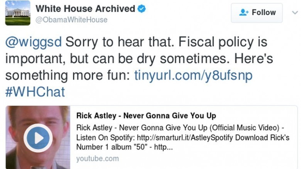 white house tweet rickroll