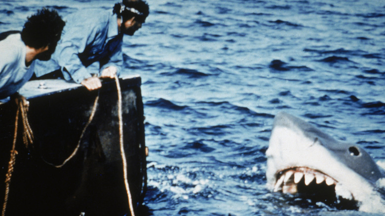 Jaws scene men by shark in water