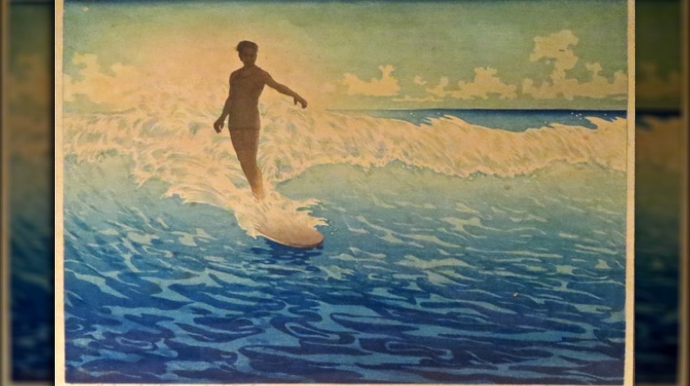 Duke Kahanamoku, woodcut, Charles Bartlett, 1918