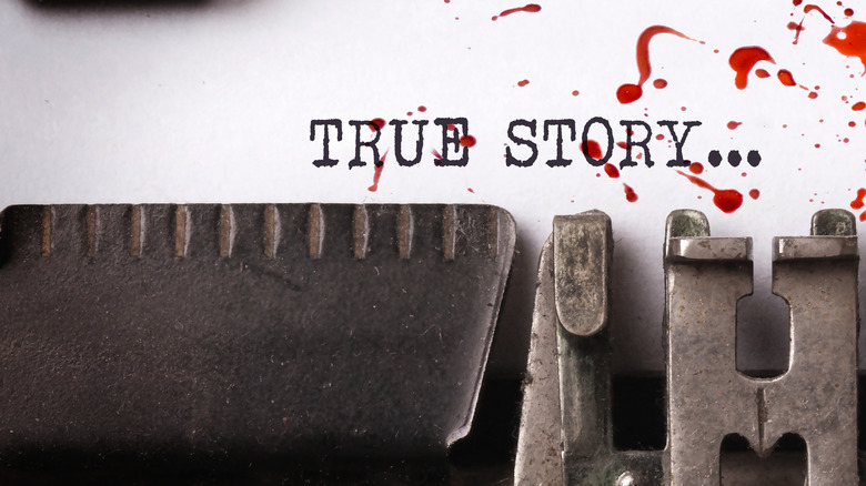 "True Crime" is typed on bloodstained paper