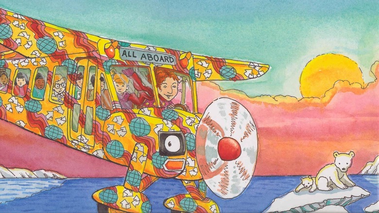 The Magic School Bus flying toward polar bears in The Magic School Bus and the Climate Challenge