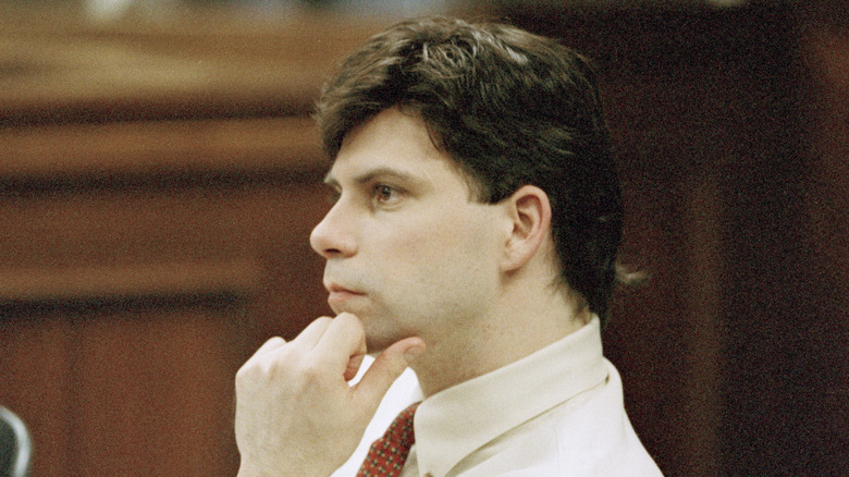 Lyle Menendez hand on chin in court