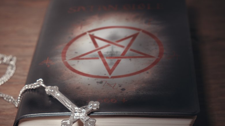 pentagram, book, upside down cross