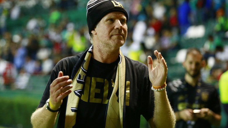 Will Ferrell at Los Angeles FC game in hat and scarf