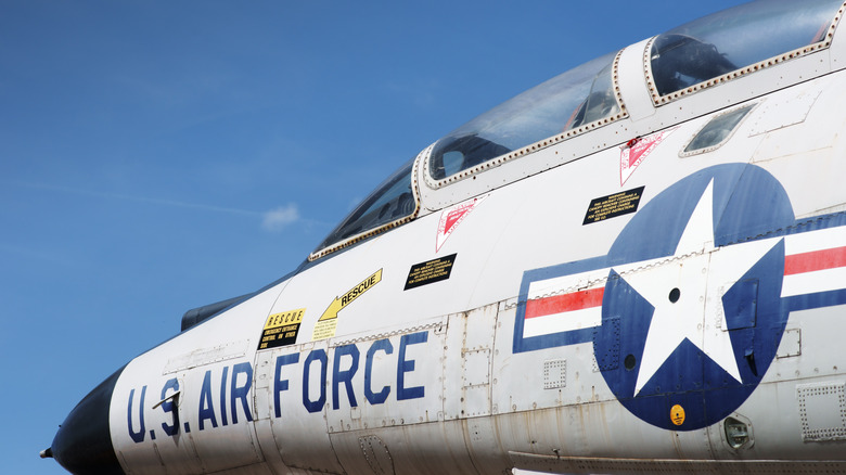 us air force plane detail against blue sky