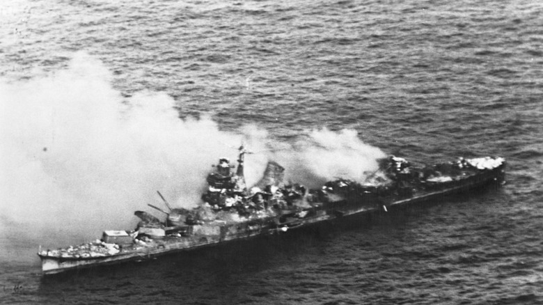 japanese cruiser ablaze at battle of midway