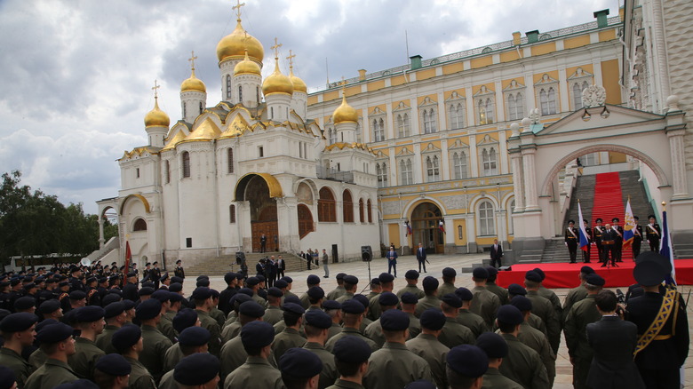 Russian military attending Putin speech