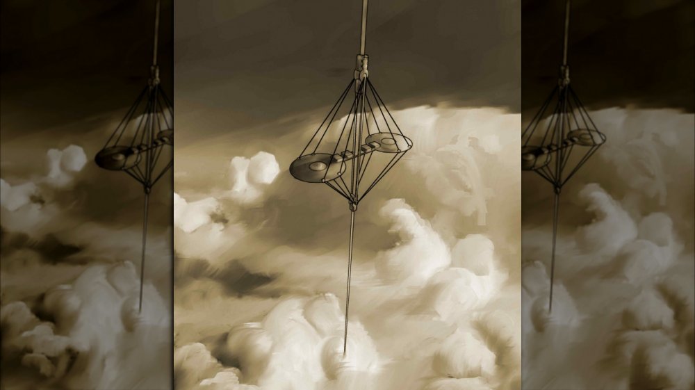 An artist's depiction of the space elevator rising above the clouds.