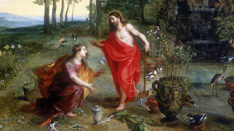 Mary Magdalene kneeling by Jesus garden