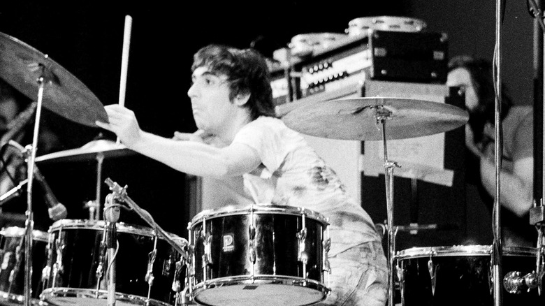 Keith Moon playing drums on stage in 1970