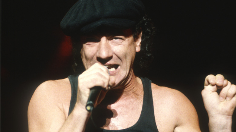 Brian Johnson of AC/DC performs onstage in 1991
