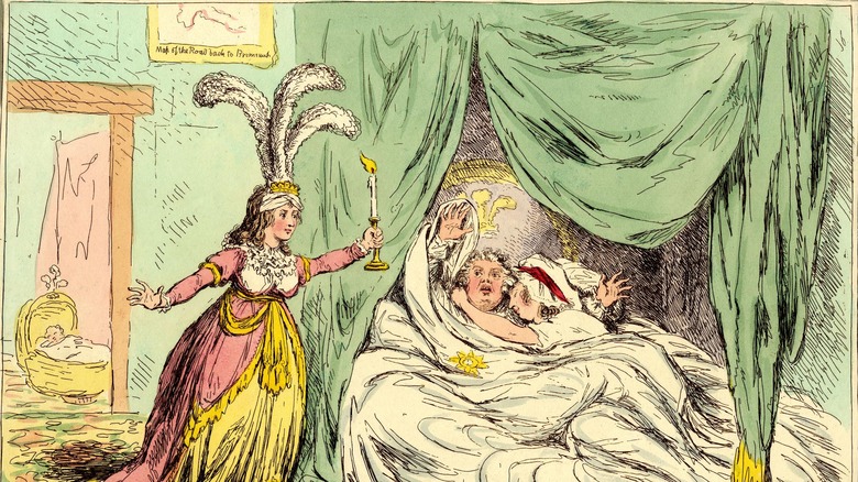Caricature drawing of King George IV being caught by the Queen in be with his mistress 