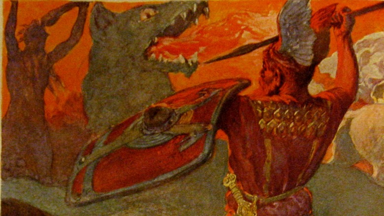 Odin fights Fenris at Ragnarok