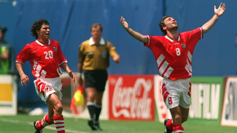 Hristo Stoichkov celebrates scoring against Germany at the World Cup